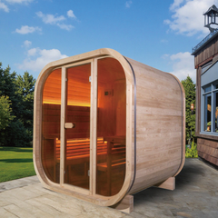 EW-7 Rounded Square Outdoor Sauna – Carbonized Spruce Wood | 3-Person Infrared & Traditional Steam
