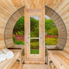 2–4 Person Traditional Outdoor Panoramic Barrel Sauna with Glass Front – Cedar & Hemlock