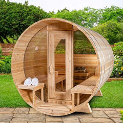 2–4 Person Traditional Outdoor Panoramic Barrel Sauna with Glass Front – Cedar & Hemlock