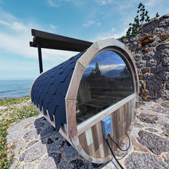 6-Person Outdoor Barrel Sauna with Front Porch – Patchwork Red Cedar Traditional Steam Kit