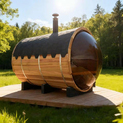 6 Person Outdoor Barrel Sauna with Front Porch & Panoramic Glass – Red Cedar Steam Sauna Kit