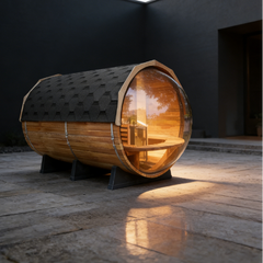 6 Person Outdoor Barrel Sauna with Front Porch & Panoramic Glass – Red Cedar Steam Sauna Kit