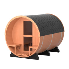 6-Person Outdoor Barrel Sauna with Front Porch – Patchwork Red Cedar Traditional Steam Kit