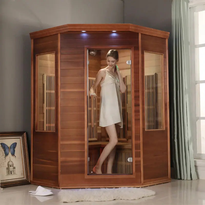 2-3 Person Red Cedar Corner Indoor Far Infrared Sauna with LED Star Lights and Digital Control Panel