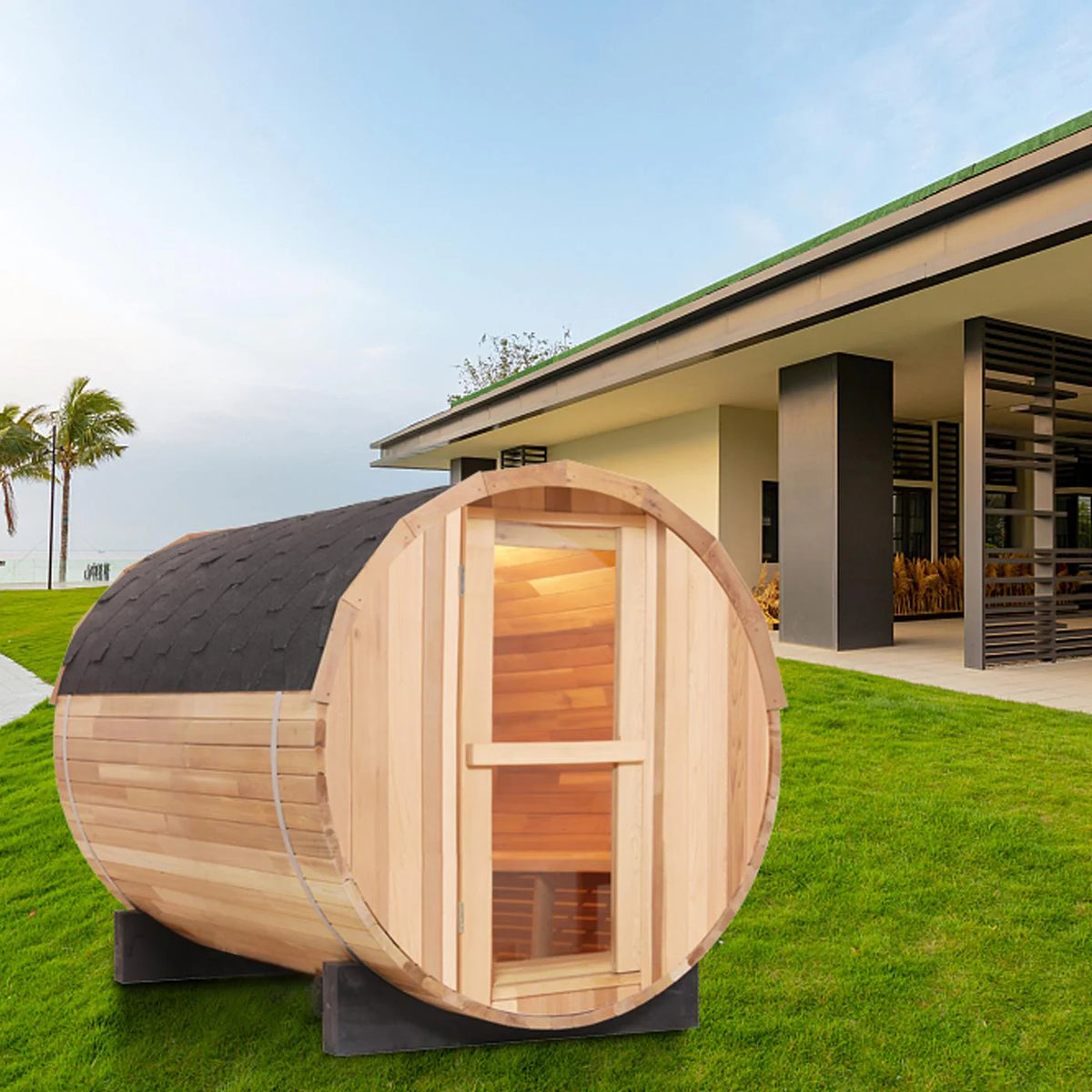 4 Person Outdoor Barrel Sauna – Hemlock or Cedar Traditional Steam Sauna Kit with Lava Rocks & Waterproof Tile