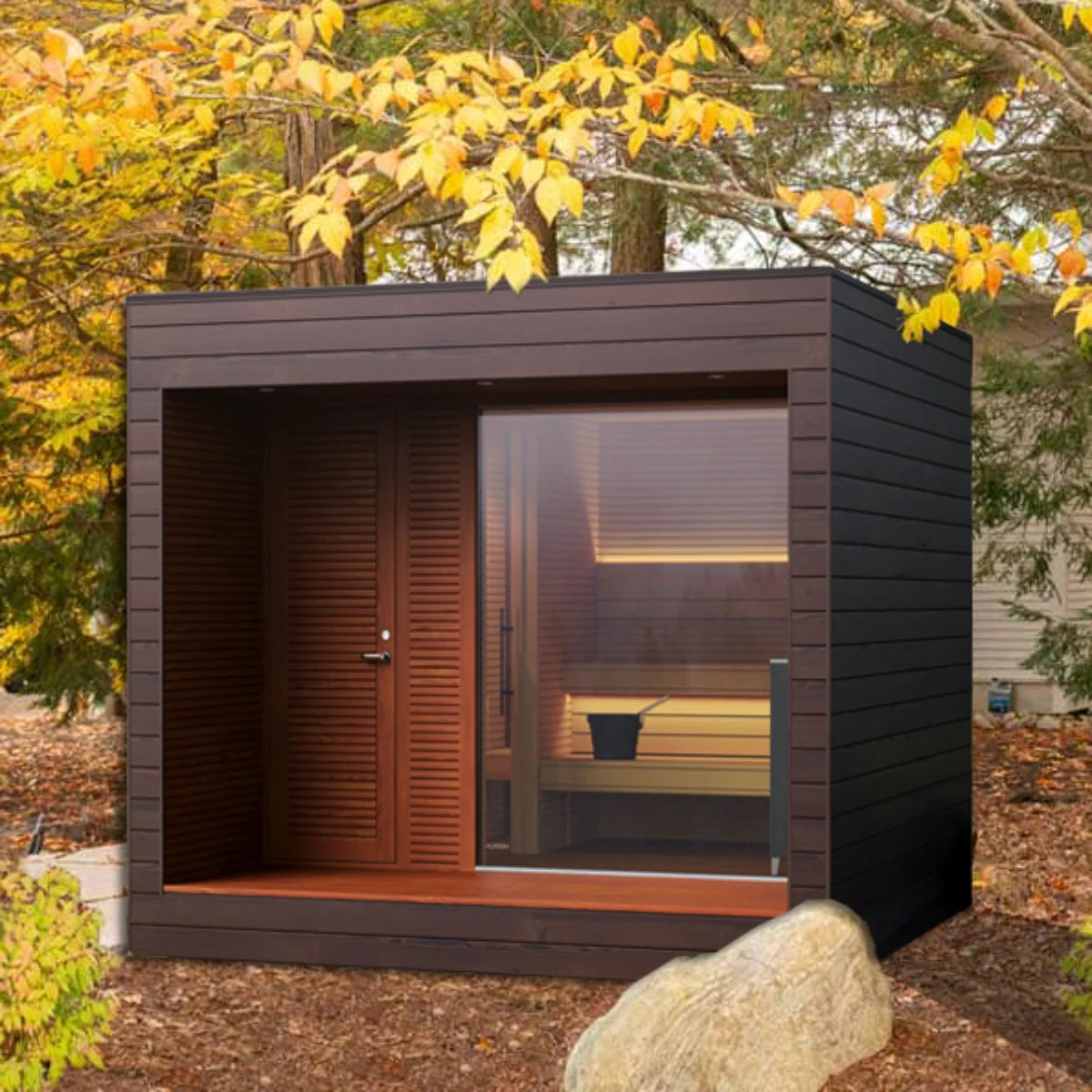 Luxury Outdoor Modular Sauna – Thermo-Aspen Interior, Nordic Spruce Exterior & Terrace