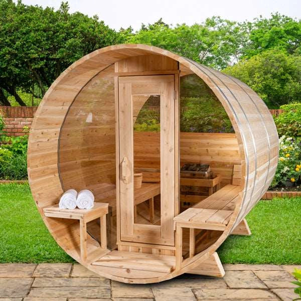2–4 Person Traditional Outdoor Panoramic Barrel Sauna with Glass Front – Cedar & Hemlock
