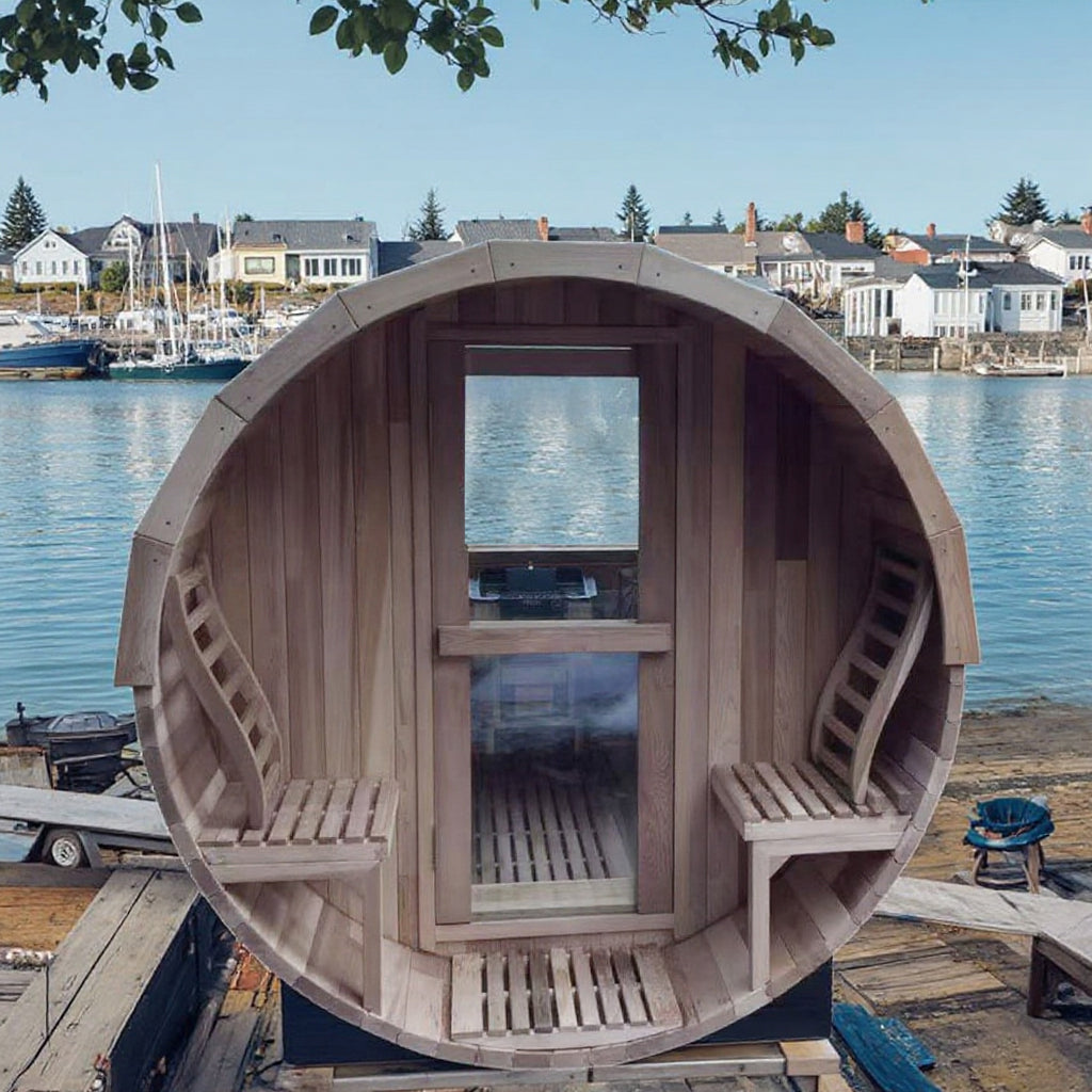 6-Person Outdoor Barrel Sauna with Front Porch – Patchwork Red Cedar Traditional Steam Kit