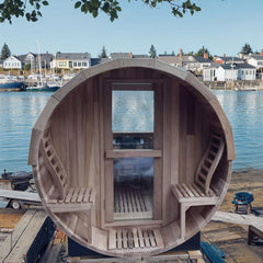 6-Person Outdoor Barrel Sauna with Front Porch – Patchwork Red Cedar Traditional Steam Kit