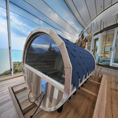 6-Person Outdoor Barrel Sauna with Front Porch – Patchwork Red Cedar Traditional Steam Kit