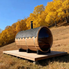 6 Person Outdoor Barrel Sauna with Front Porch & Panoramic Glass – Red Cedar Steam Sauna Kit