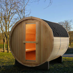 4 Person Outdoor Barrel Sauna – Hemlock or Cedar Traditional Steam Sauna Kit with Lava Rocks & Waterproof Tile