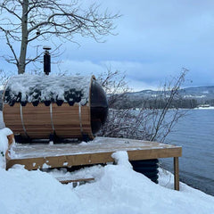 6 Person Outdoor Barrel Sauna with Front Porch & Panoramic Glass – Red Cedar Steam Sauna Kit