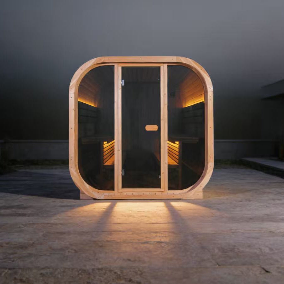 EW-7 Rounded Square Outdoor Sauna – Carbonized Spruce Wood | 3-Person Infrared & Traditional Steam